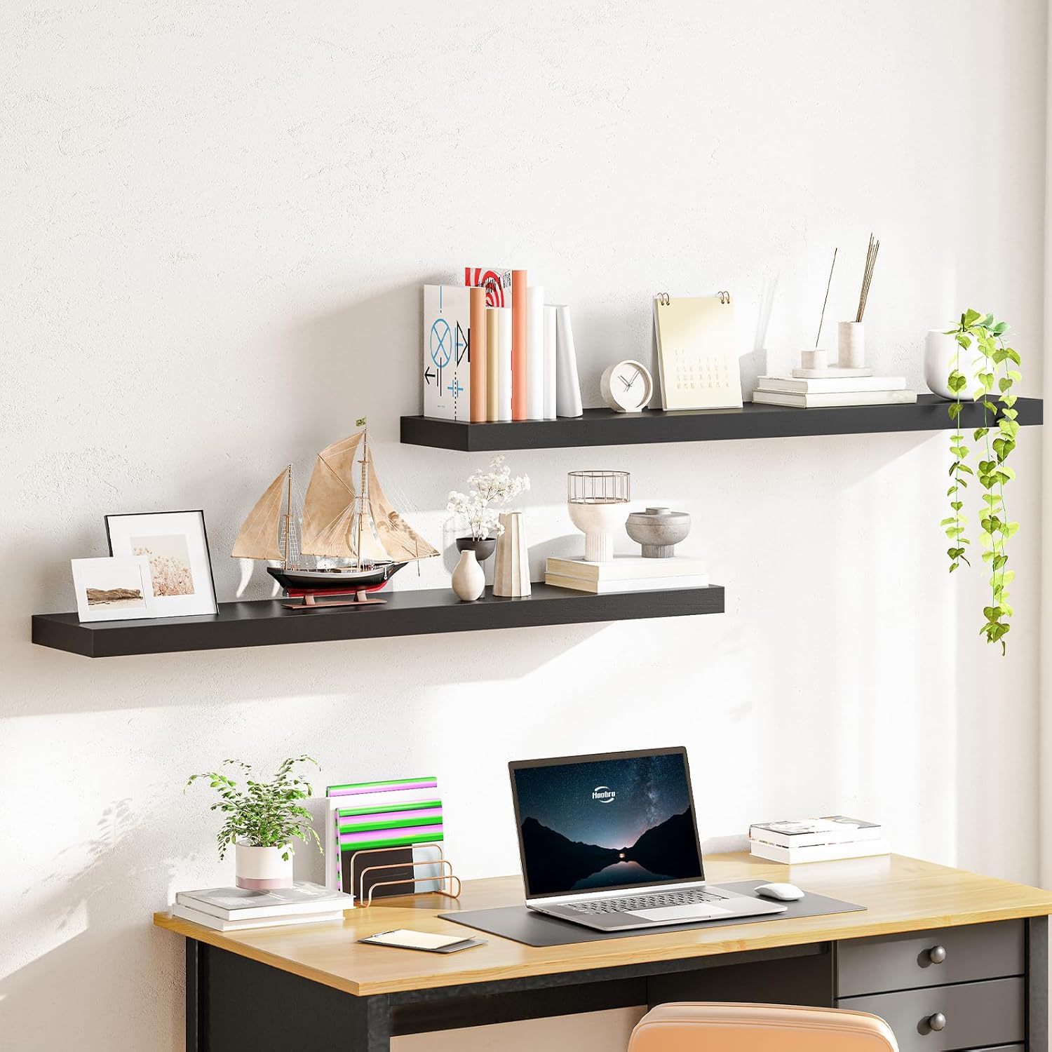 HOOBRO Floating Shelves for Wall, Wall Mounted Shelf Set of 2, 47.2" Hanging Shelf with Invisible