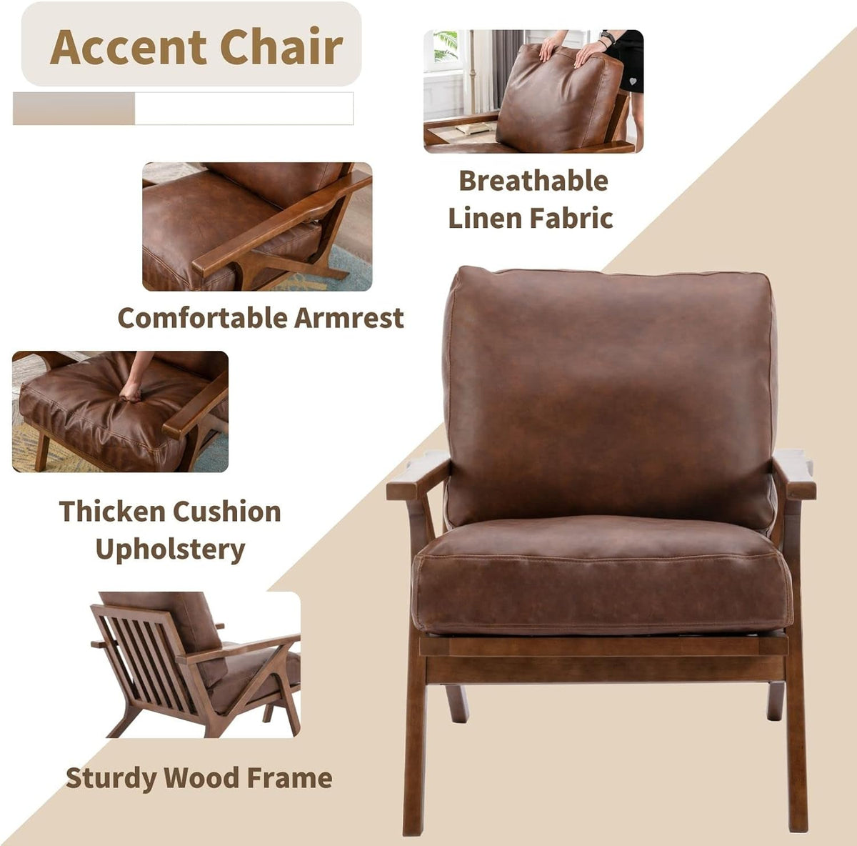 HNY Mid Century Arm Chair, Retro Accent Armchair with Wood Frames & Faux Leather Upholstered