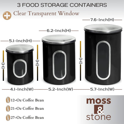 Moss & Stone 3-Piece Black Canisters Sets For The Kitchen, Airtight Canister Set With See Through