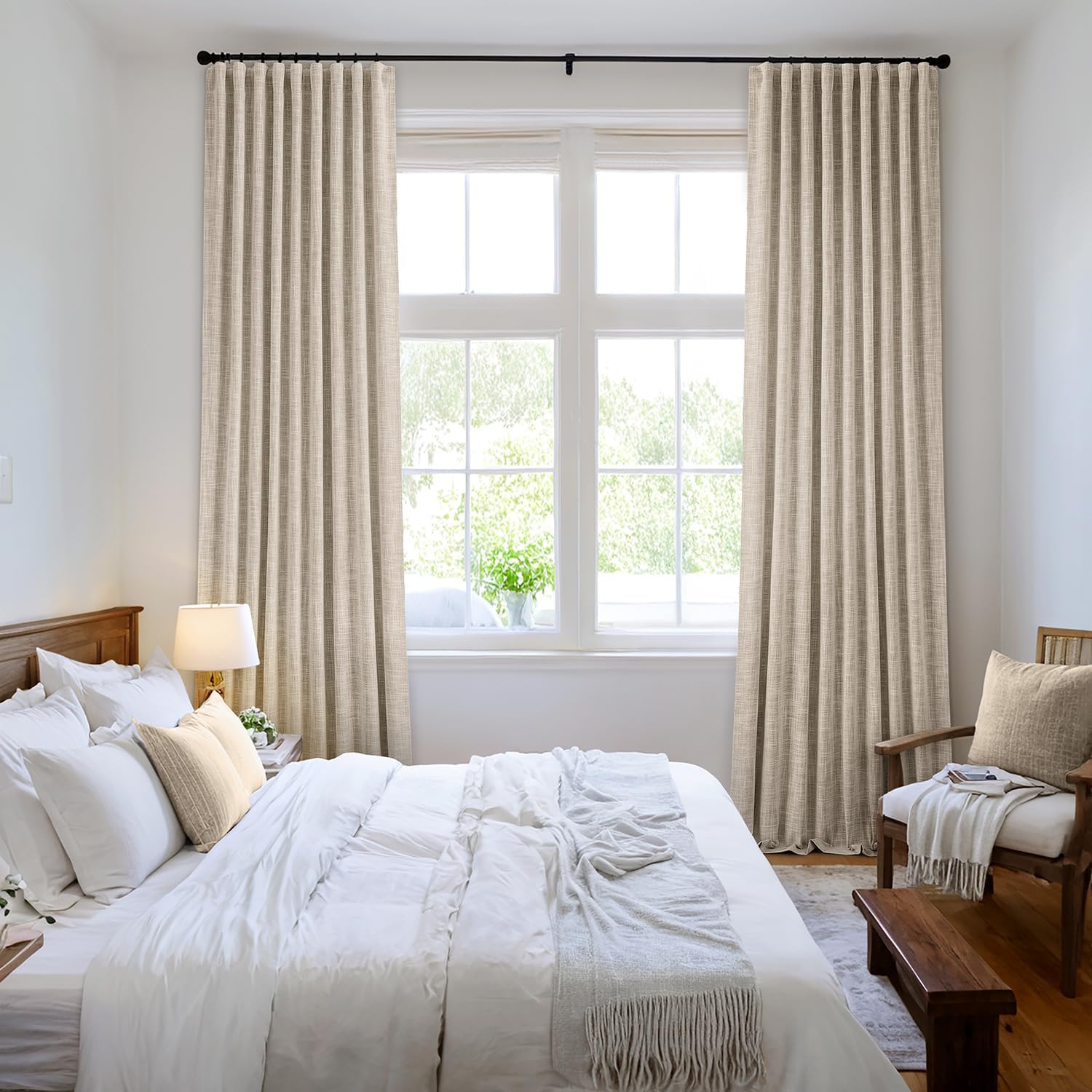 MIULEE Beige 100% Blackout Linen Curtains 100 Inch 2 Panels Set Double Sided No Coating Pleated
