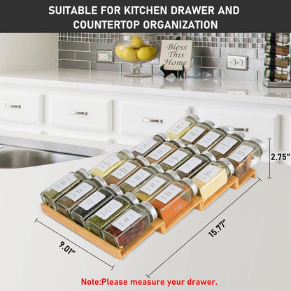 Spice Drawer Organizer with 18 Spice Jars,216 Labels,50 Non-slip Rubber, Bamboo 4 Tier Seasoning