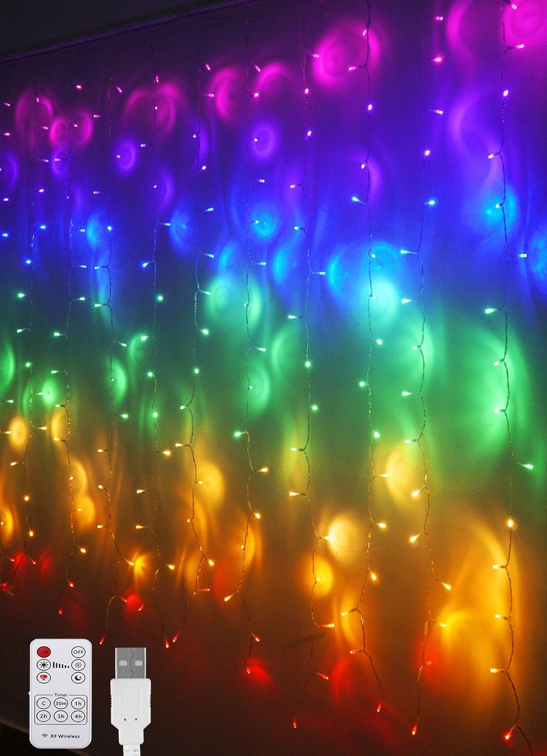 Rainbow Fairy String Curtain Lights with Remote, Twinkle LED Icicle Rainbow Lights Curtain for