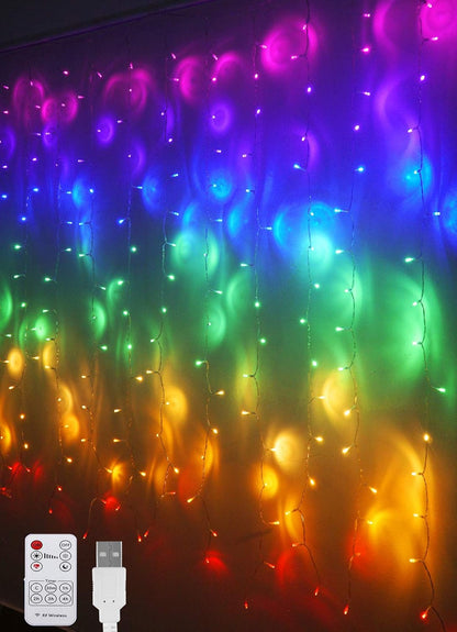 Rainbow Fairy String Curtain Lights with Remote, Twinkle LED Icicle Rainbow Lights Curtain for