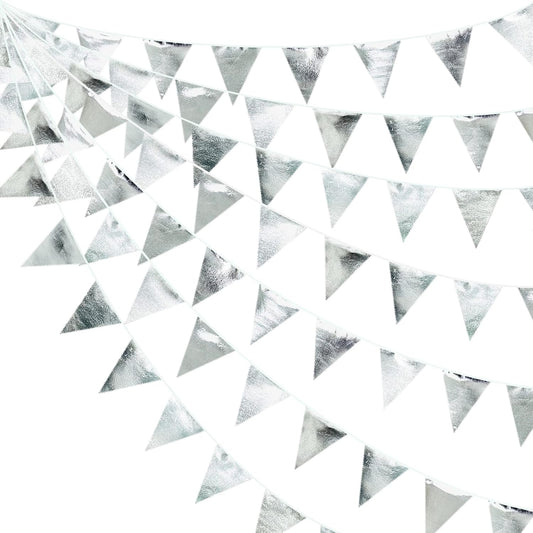 Silver Party Decorations Metallic Fabric Triangle Pennant Banner Silver Flag Bunting Garland for
