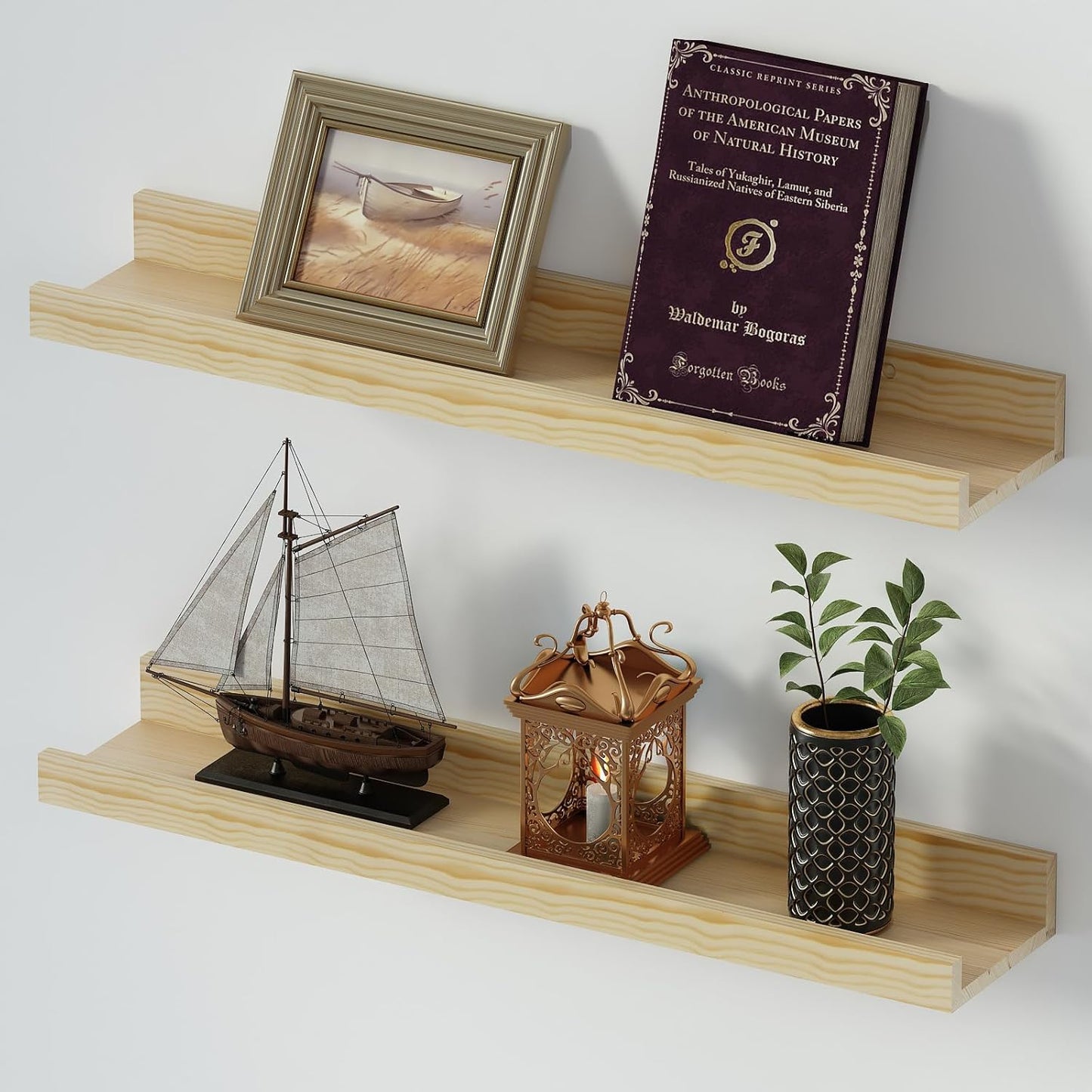 SAUMONIERES Picture Ledge Shelf Floating Book Shelves Set of 2 Wall Mounted Solid Wood for Bedroom