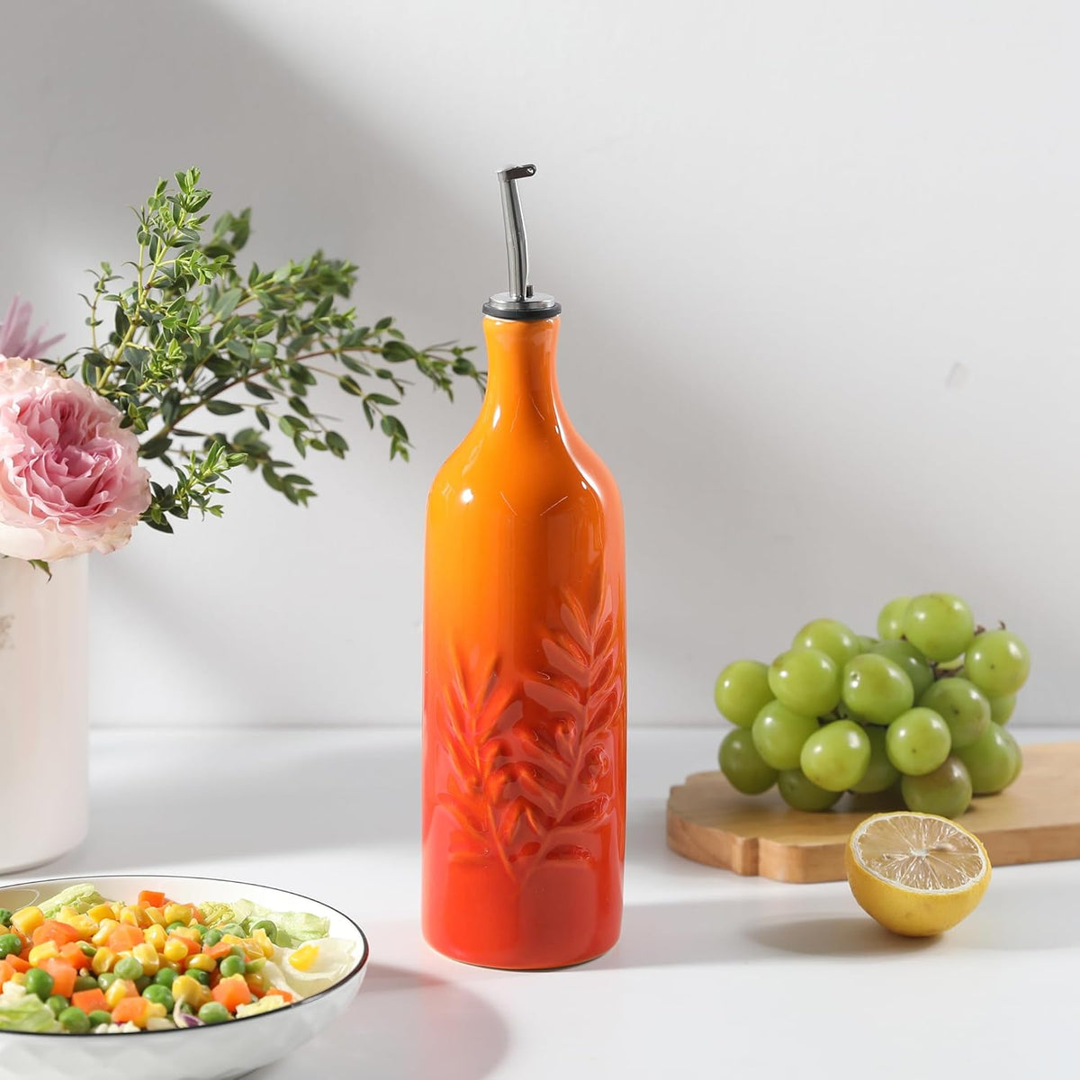 Sweejar Ceramic Olive Oil Dispenser Bottle, 24 Oz Relief Opaque Oil Cruet Protects To Reduce