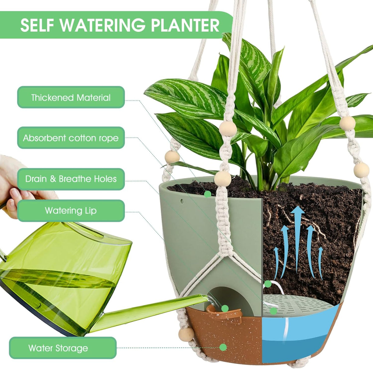 Hanging Planters for Indoor Outdoor Plants, 2 Pack Self Watering Hanging Pot with Drainage Holes