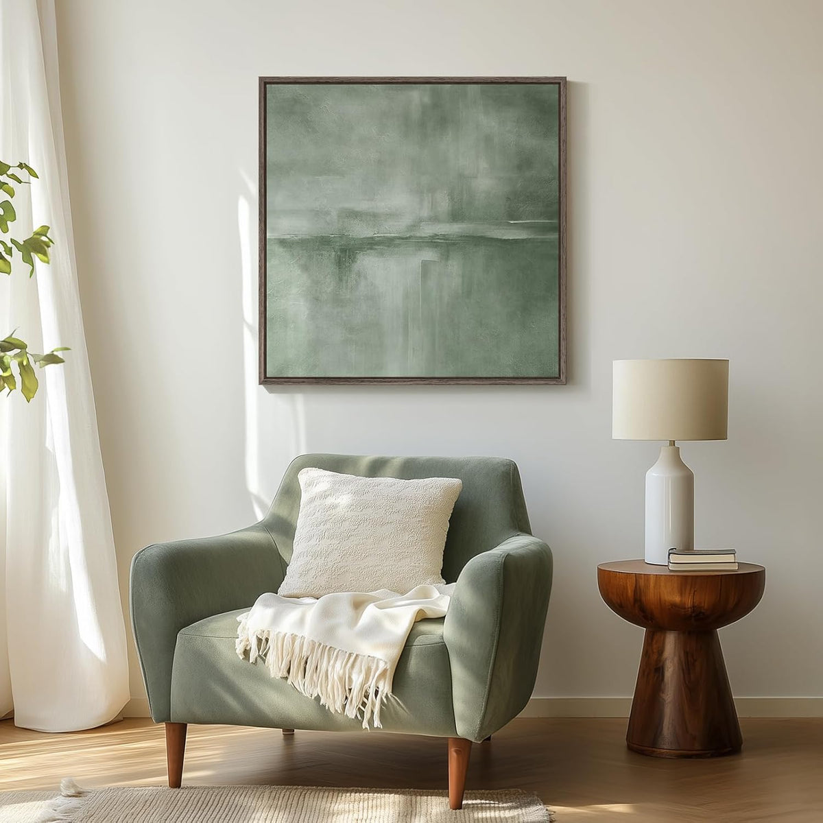 Framed Sage Green Abstract Wall Art, Modern Canvas Prints Artwork for Walls, Square Minimalist All