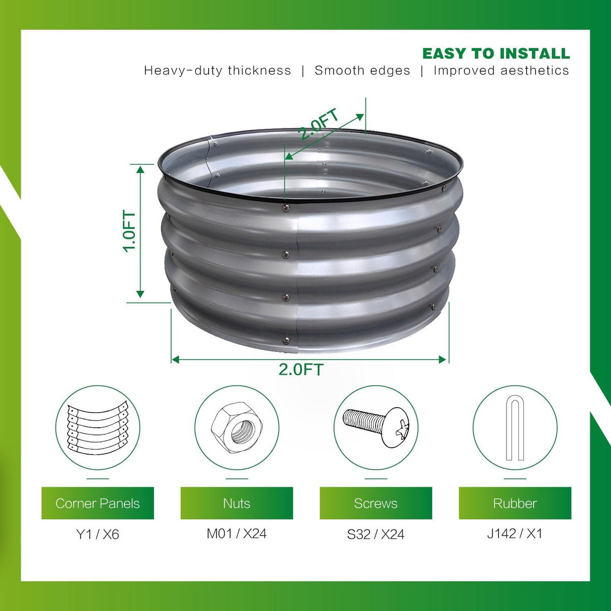 GARDMAX 2x2x1FT Galvanized Round Raised Garden Bed Kit, Metal Planter Boxes Outdoor with Easy
