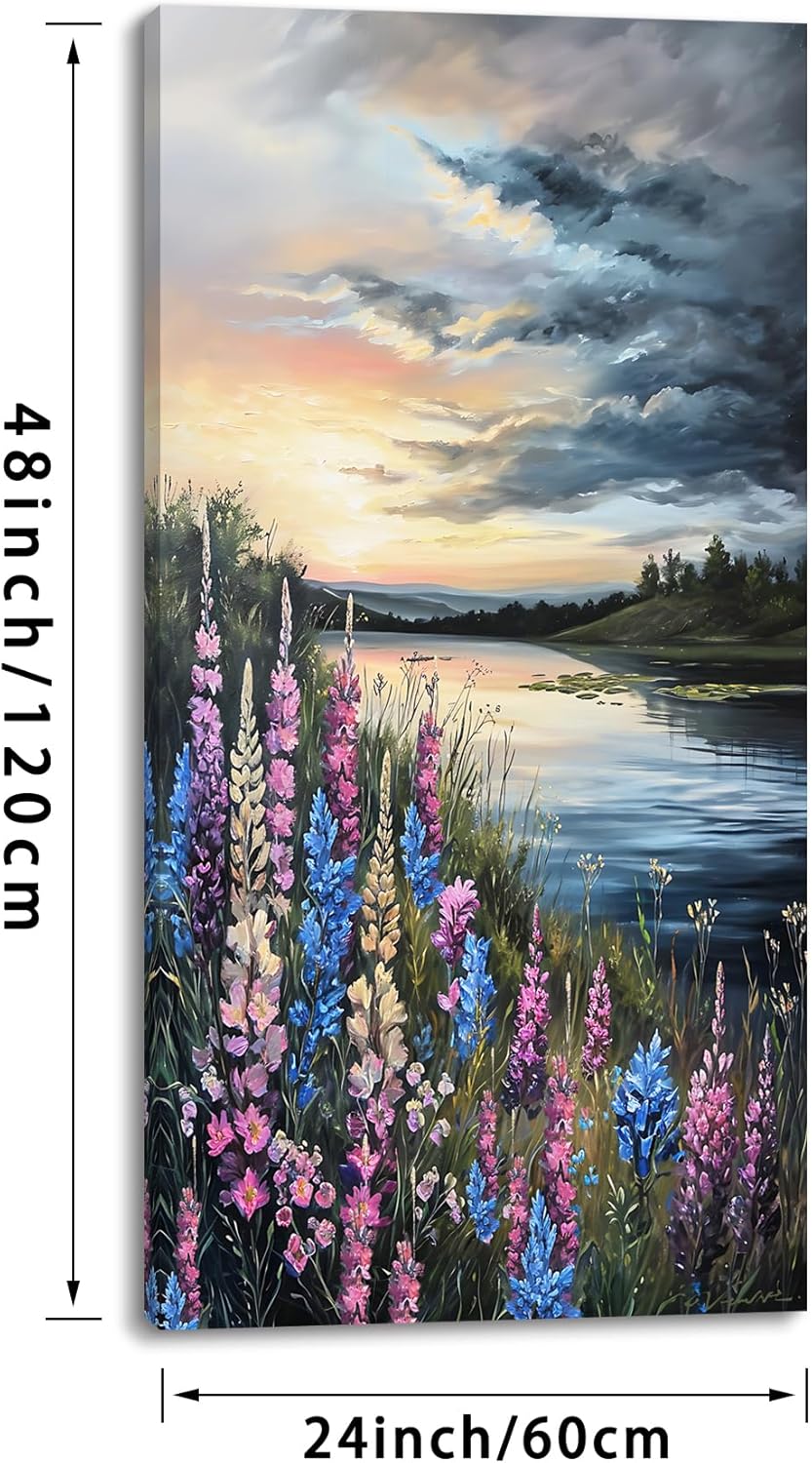 LASMOND Beautiful Colorful Grassland by Riverbank Landscape Wall Art Decor Artwork for Bedroom