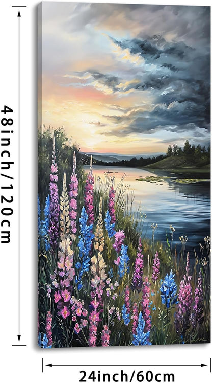 LASMOND Beautiful Colorful Grassland by Riverbank Landscape Wall Art Decor Artwork for Bedroom