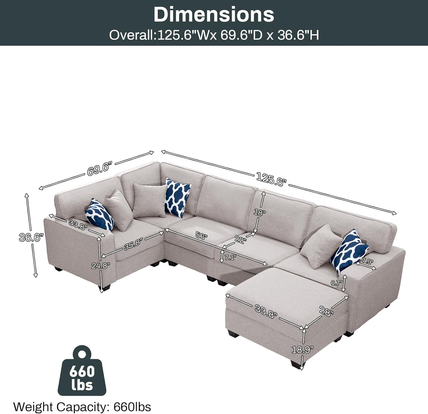 L Lengend Vansen Modular Sectional Sofa U Shaped Couch with Ottoman Modern Reversible Corner