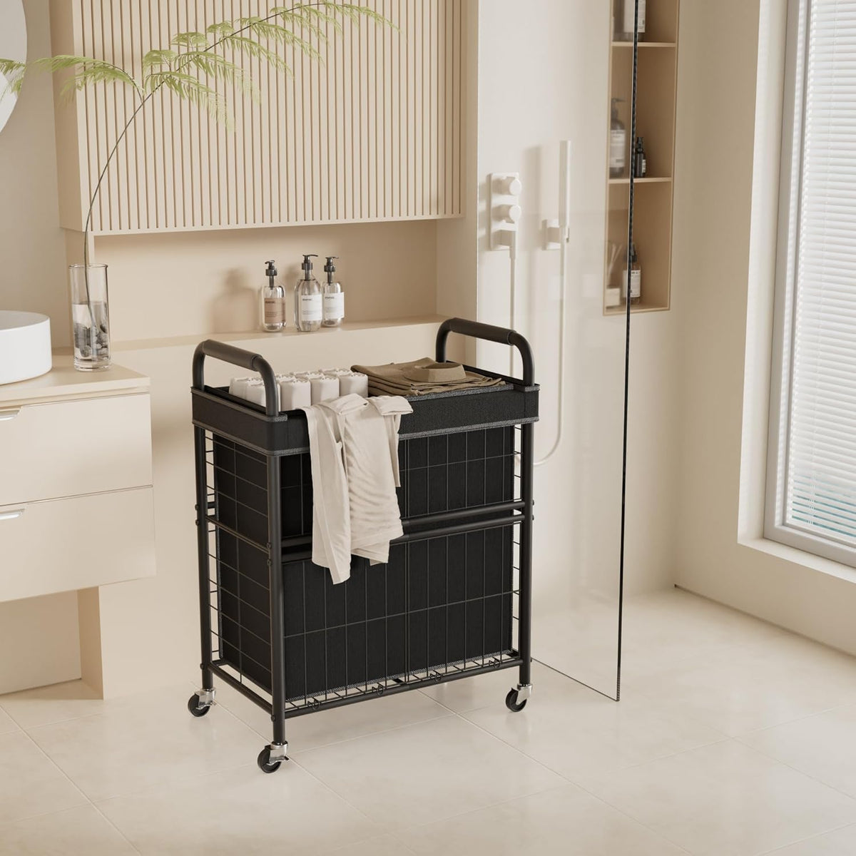 Laundry Hamper 2 Section, 110L Rolling Laundry Sorter Basket with Wheels, 2 Compartment Clothes