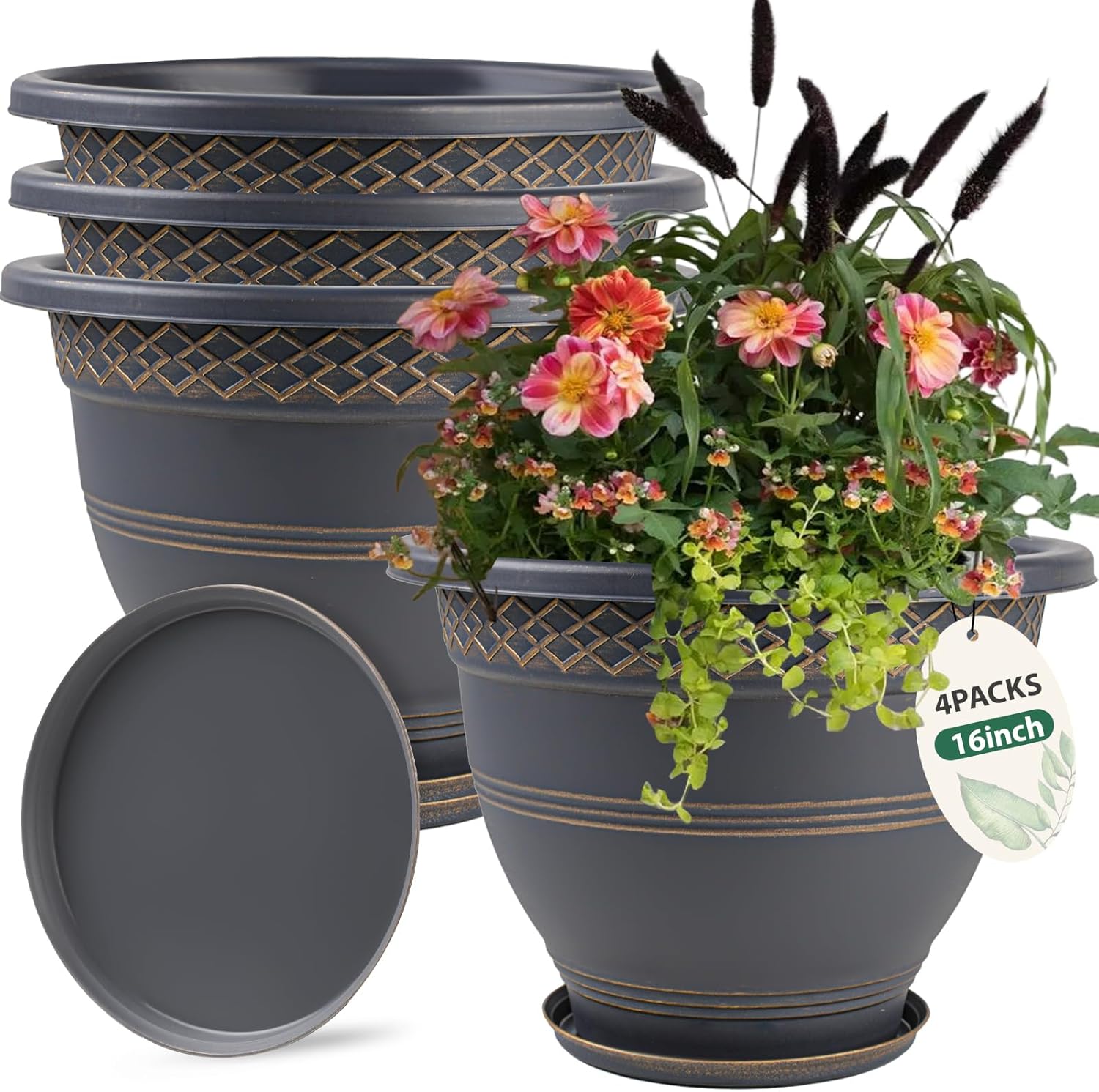 4 Pack 16 Inch Large Plant Pots, Plastic Flower Pot for Indoor & Outdoor with Drainage Holes &