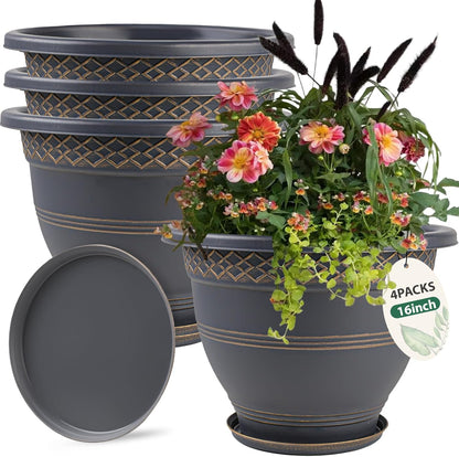 4 Pack 16 Inch Large Plant Pots, Plastic Flower Pot for Indoor & Outdoor with Drainage Holes &