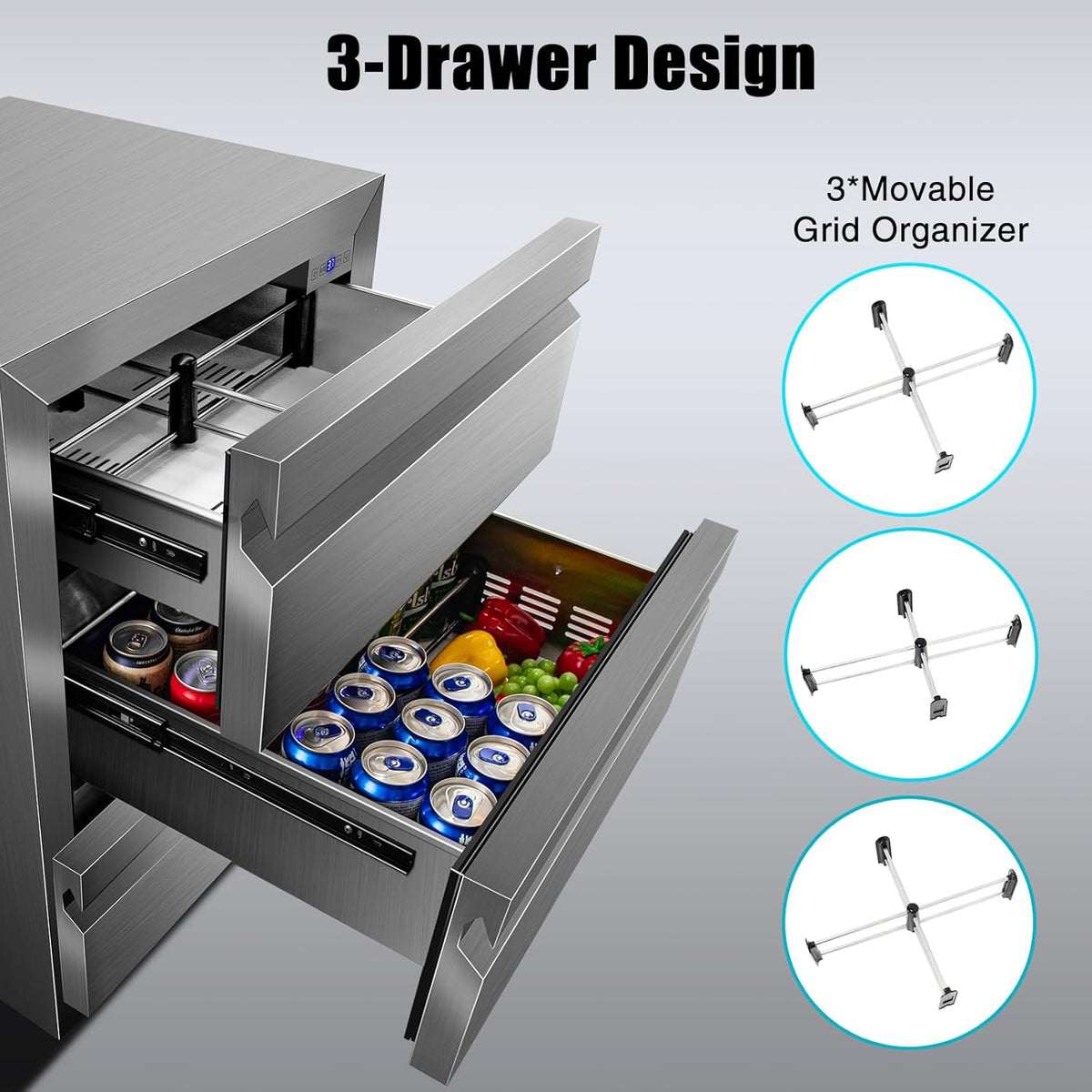 24 Inch Upgraded Three-Drawer Beverage Fridge, Weather Proof Outdoor Stainless Steel Beverage