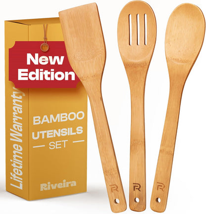 Riveira Bamboo Wooden Spoons for Cooking 3-Piece, Apartment Essentials Wood Spatula Spoon Nonstick
