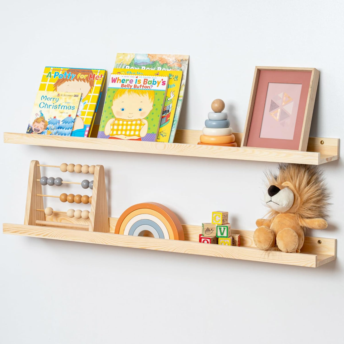 Picture Ledge Shelf for Wall, 36 inch Solid Pine Wood Nursery Book Shelves 2 Packs, Floating Ledge