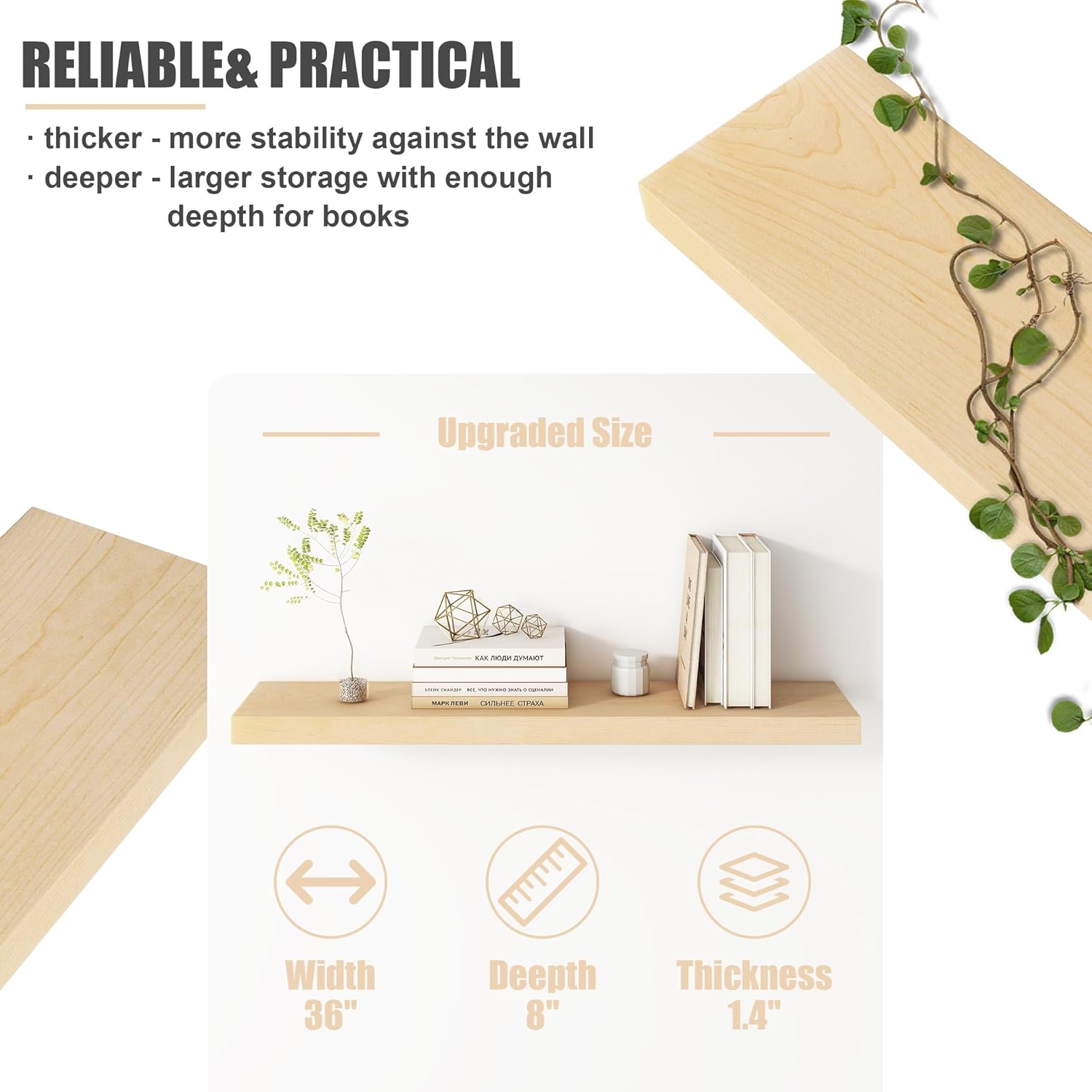 Floating Shelves for Wall, USA-Sourced Maple Wood 36 Inch Long Wall Shelves Set of 2, Natural