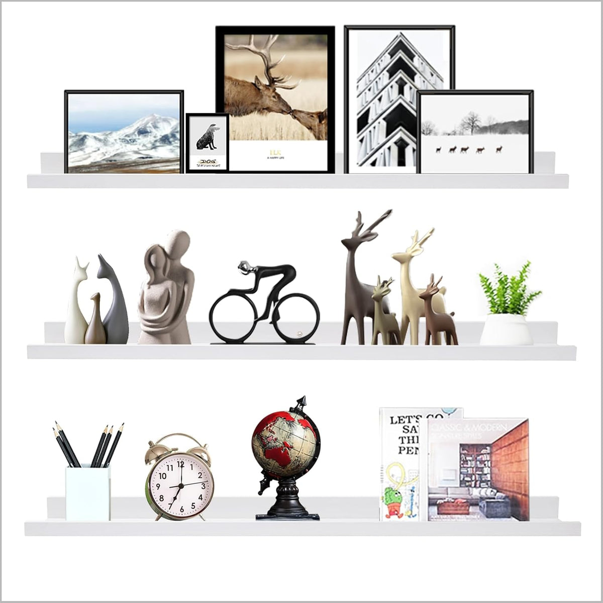 AZSKY 36 Inch Floating Shelves with Ledge White Natural Wood Picture Ledge Shelf 3 Pack Floating