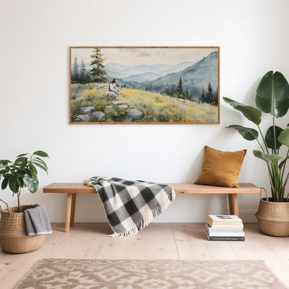 Aurlan Christian Jesus with Lost Sheep Wall Art(40"x20"), Boho Religious Lamb The Good Shepherd