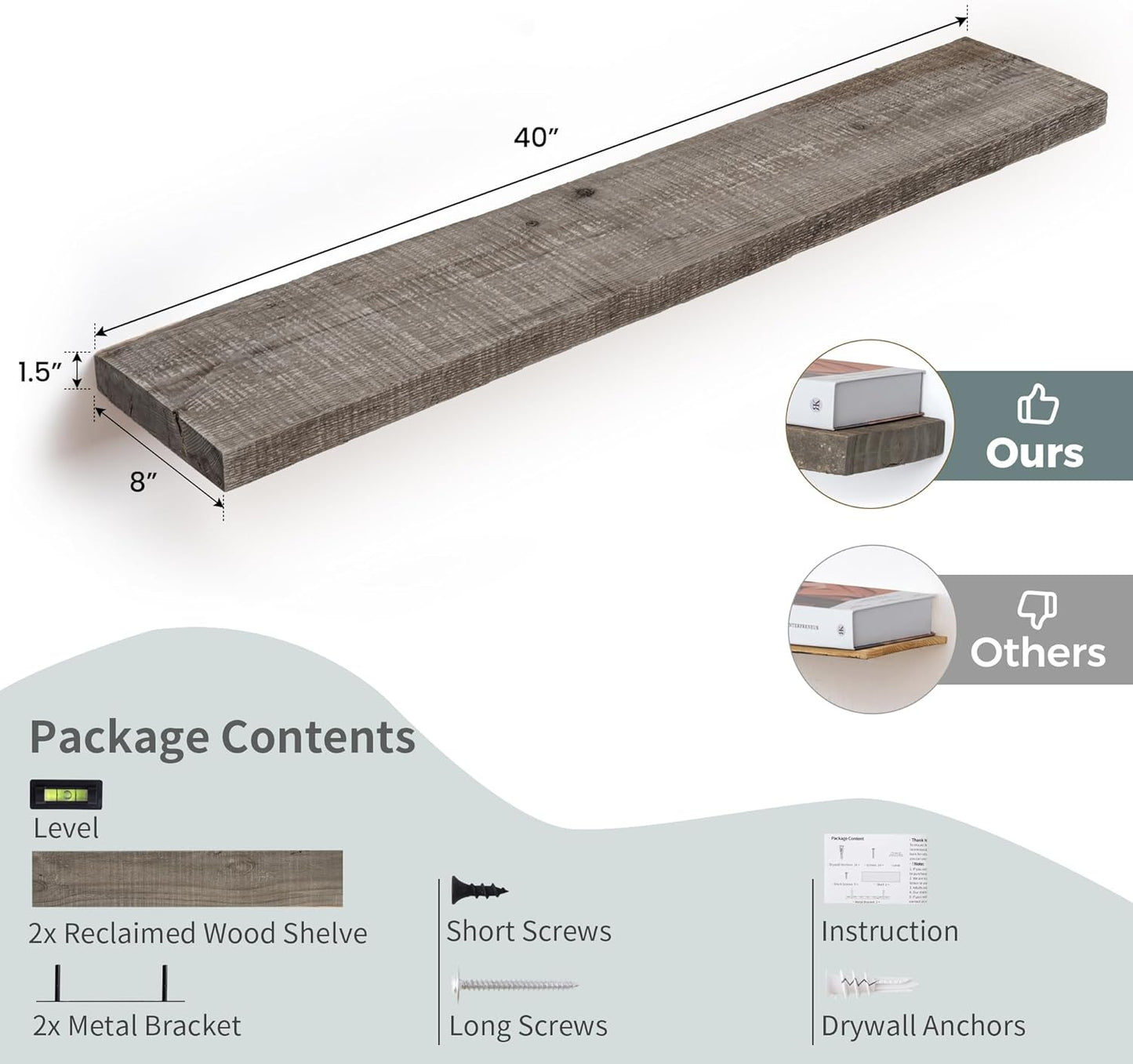 Floating Shelves Reclaimed Barnwood, 8" Deep Solid Wood Floating Shelf Wall Hanging Shelves with