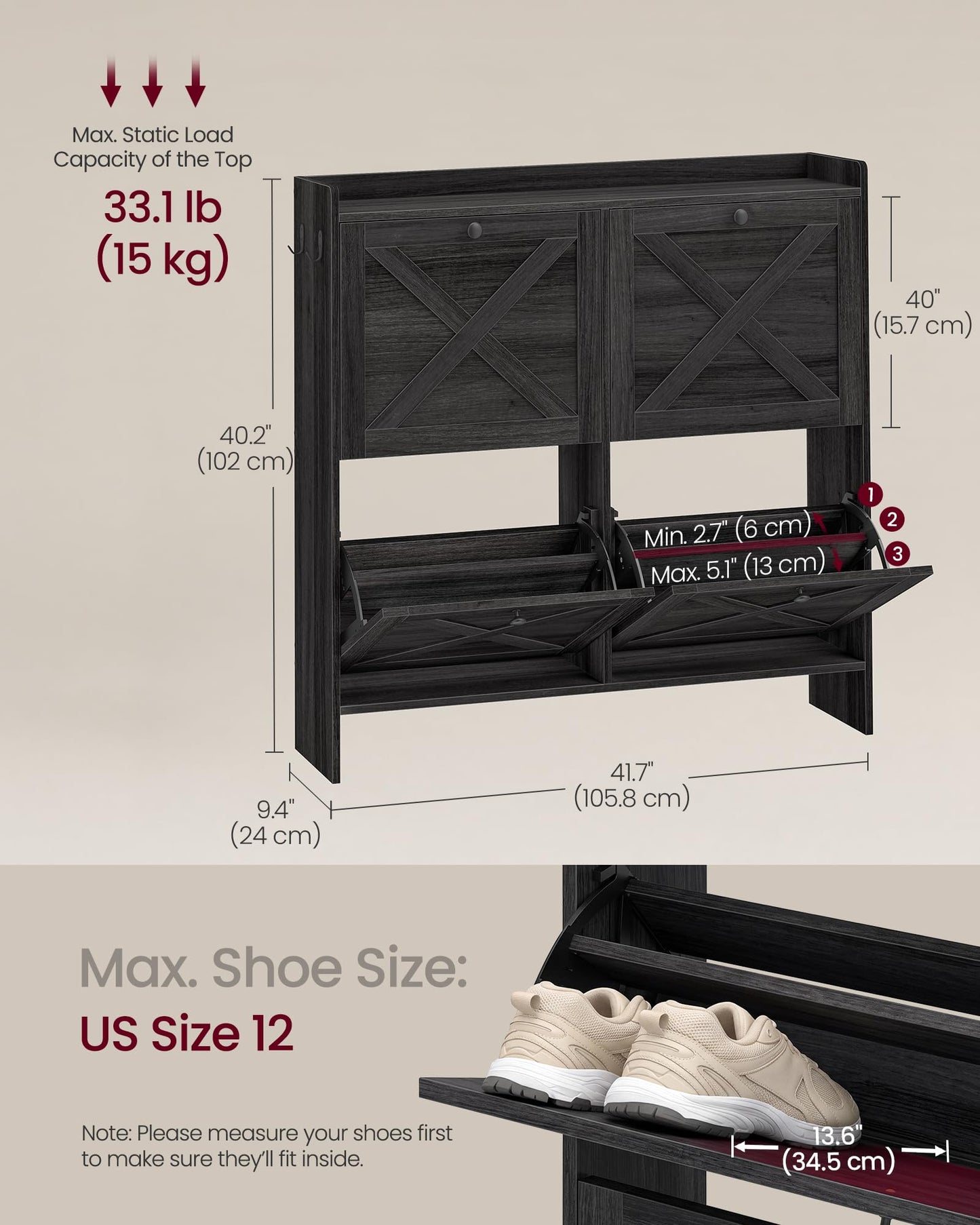 VASAGLE Shoe Storage Cabinet Organizer with 4 Flip Drawers, Freestanding Narrow Shoe Rack Cabinet