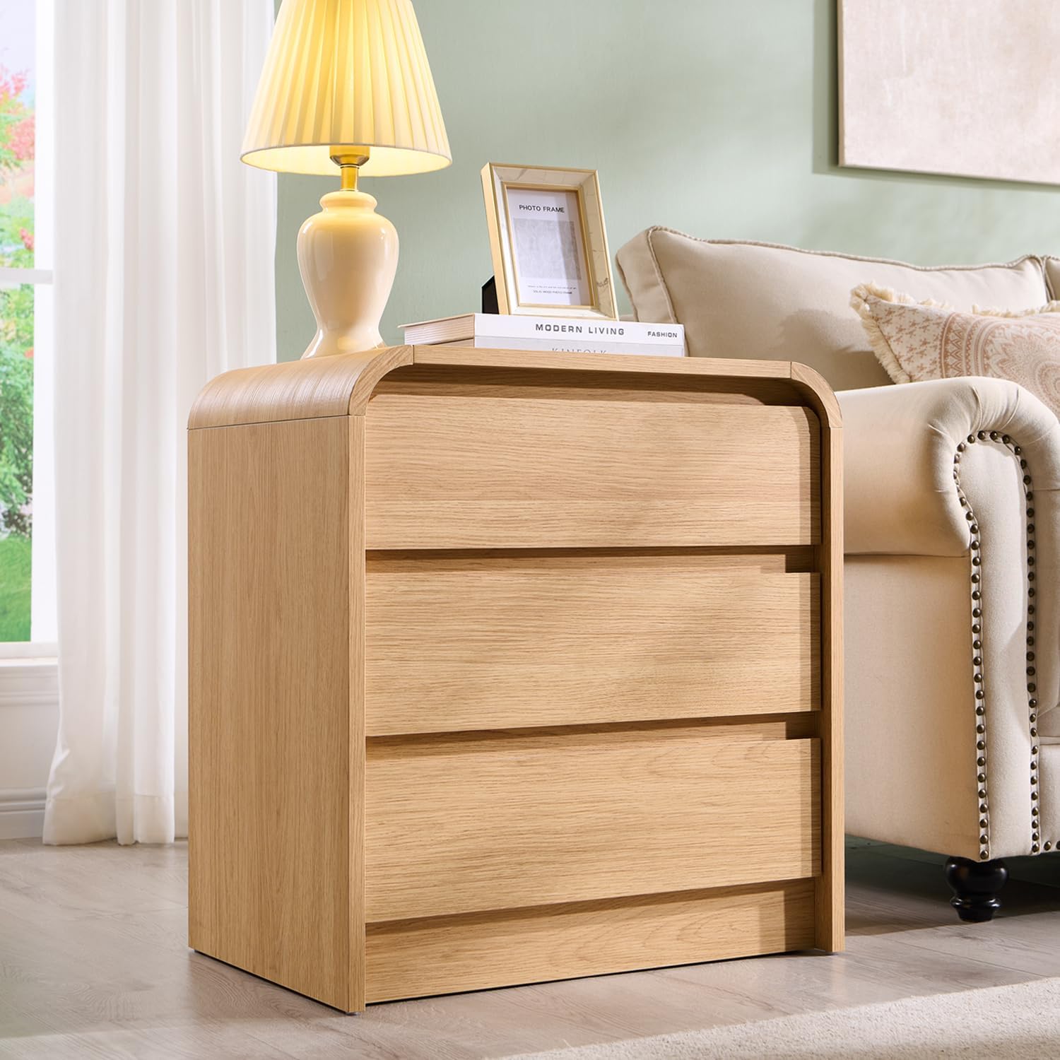 25" Tall Modern Nightstand with Charging Station, 23.6'' Wide Wood Bedside Table w/3 Storage