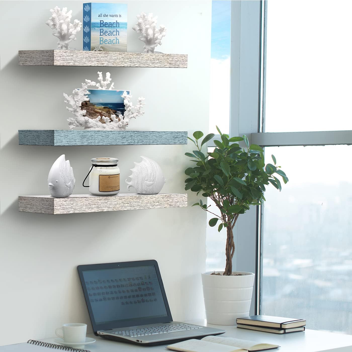 Sorbus Floating Shelves - 3 Pack 16 Inch Rustic & Blue Wall Shelves for Bedroom, Kitchen, Living