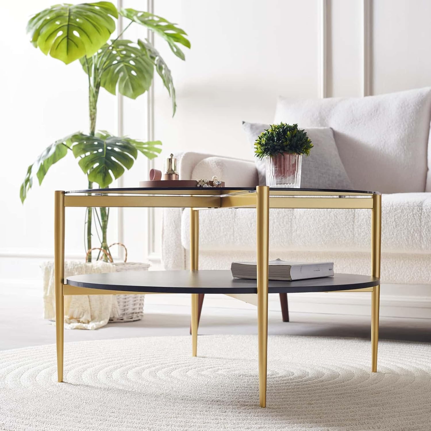 Round Coffee Table for Living Room, Mid-Century Modern Design, D30 x H17, 2-Tier Structure, Grey