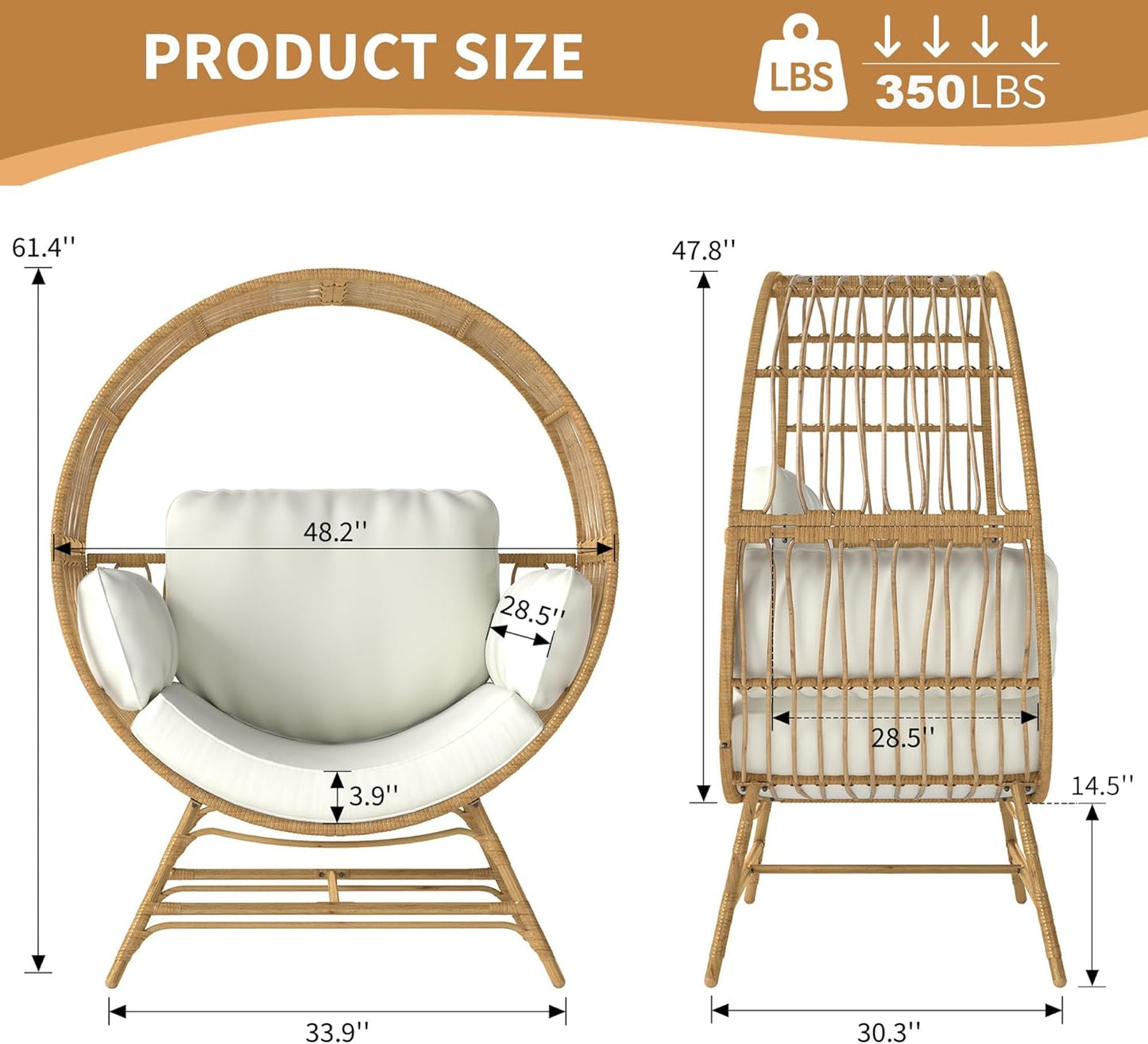 Egg Chair Outdoor Indoor, Oversized Rattan Chair with Thicken Cushion, 350LBS Capacity Wicker Patio