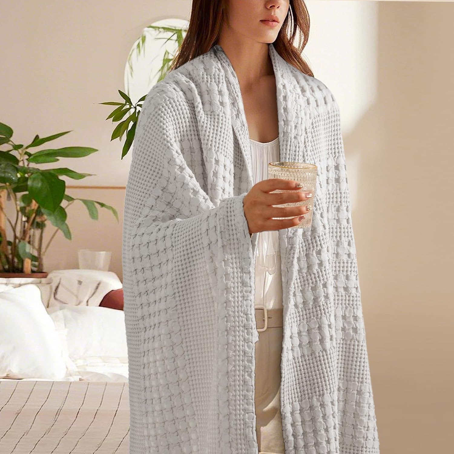 PHF 100% Cotton Waffle Weave Throw Blanket, Soft Lightweight Breathable Cozy Summer Throws for