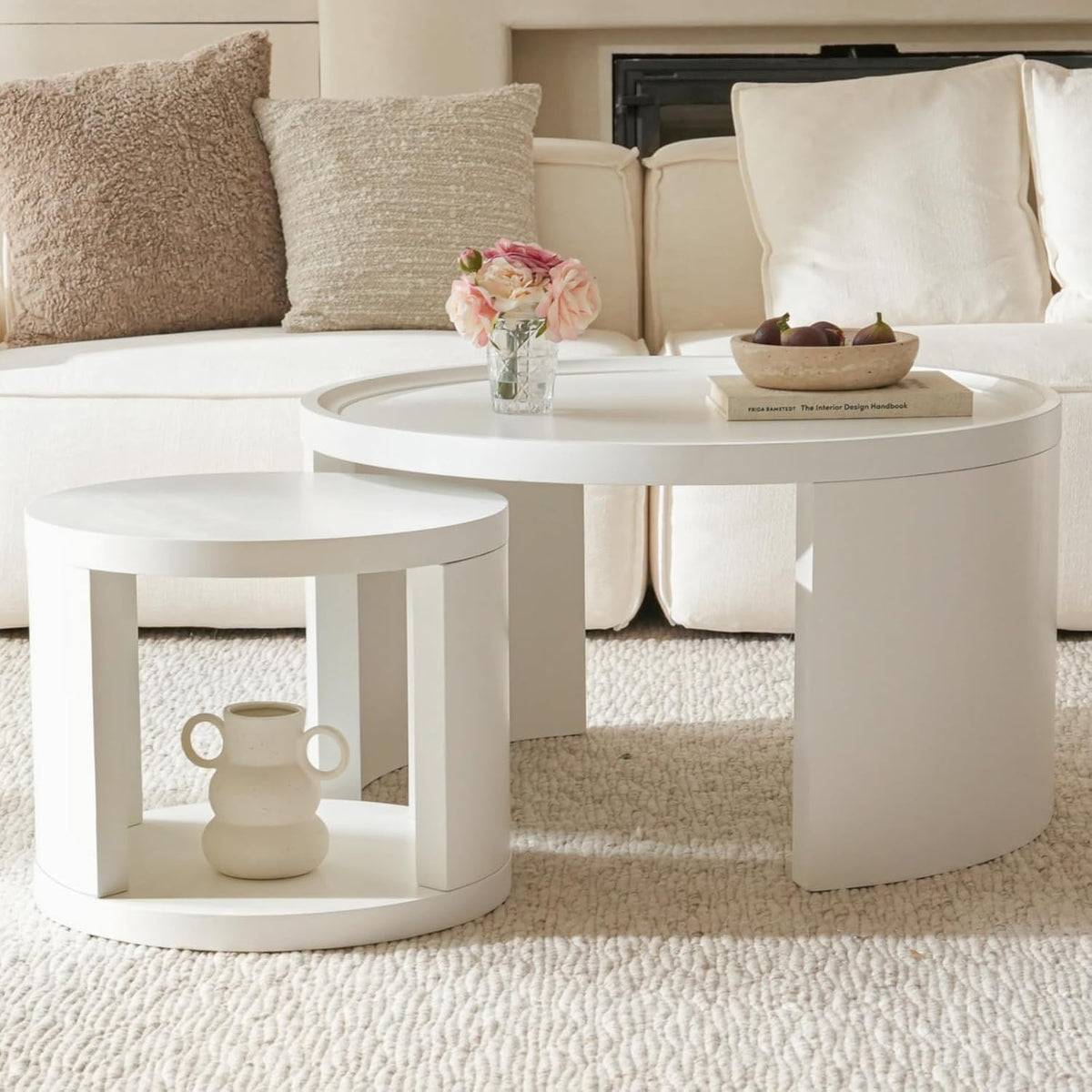 Round Nesting Coffee Table Set of 2,31.5" Large & 18" Small Low Tables with Wood Look