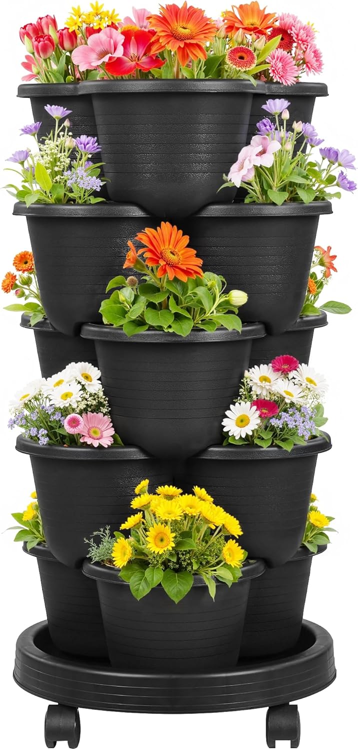 VECELO 5 Tier Vertical Garden Planter, Self Watering Stackable Planters with Wheels for