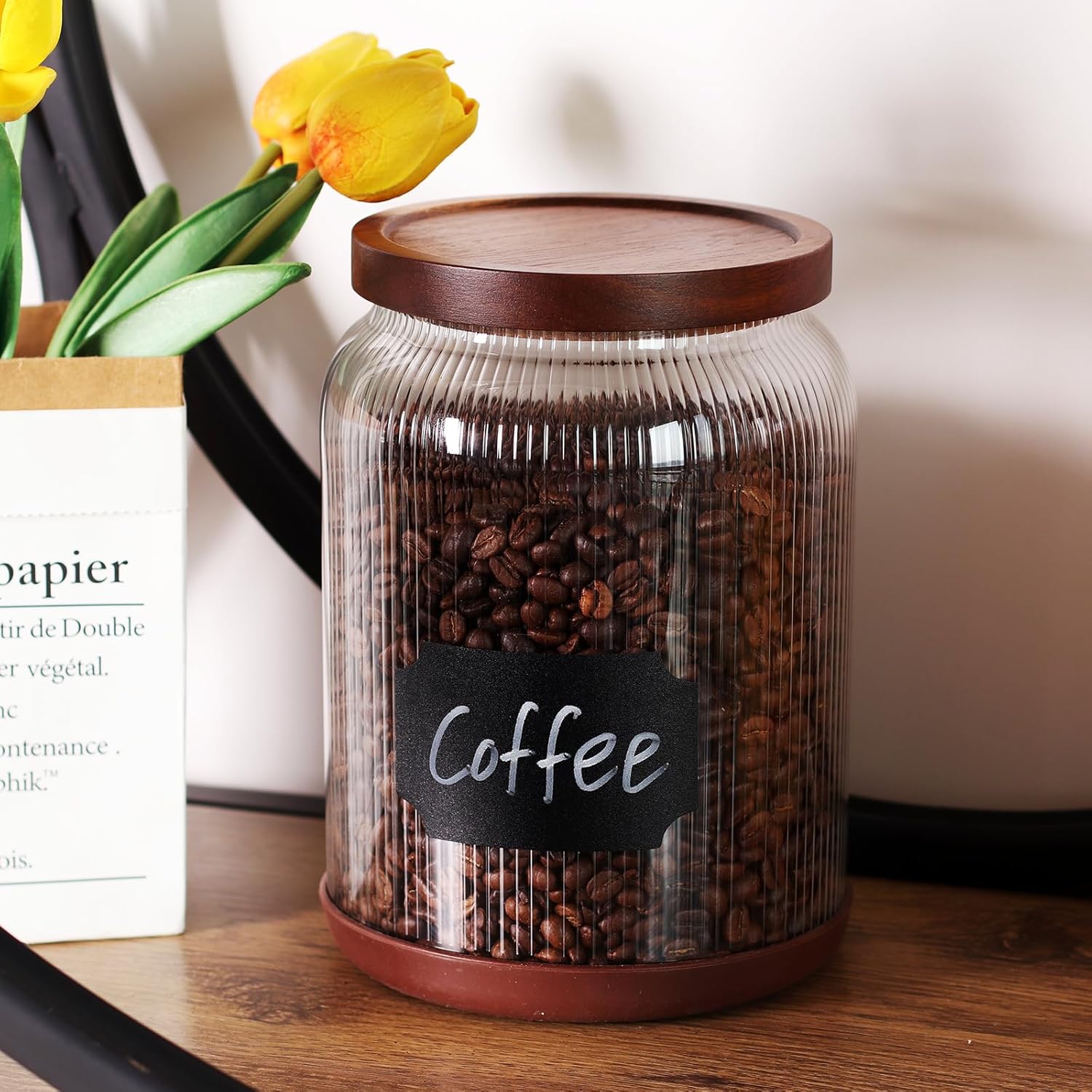 SAIOOL 2-Pack Striped Borosilicate Glass Airtight Canisters - Big mouth Large Capacity, Acacia Wood