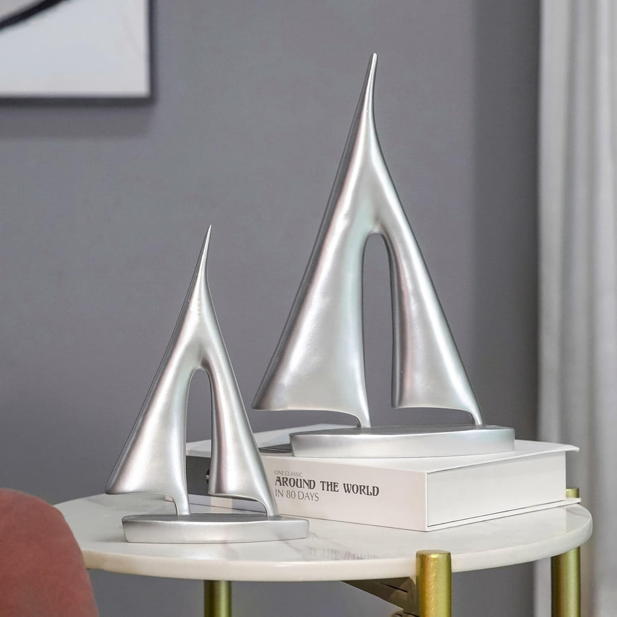 Modern Sculptures Home Decor, Silver Sailboat Decor Ornament, Boat Decorations Statue Decor, Art