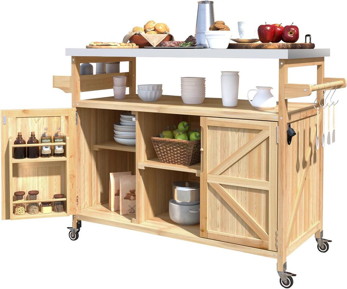 Outdoor Grill Table with Stainless Steel Top, Farmhouse Solid Wood Kitchen Island Cart with