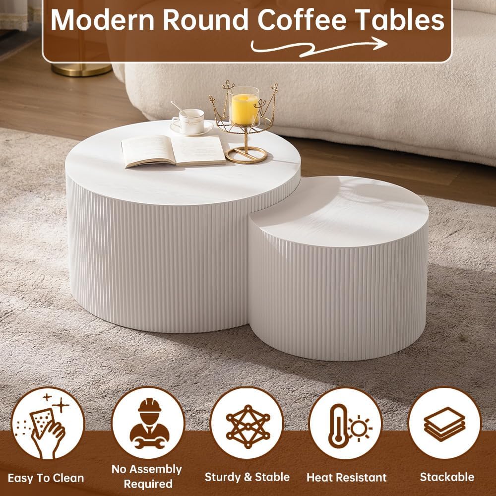 Round Nesting Coffee Table Set of 2 Modern Cream Fluted Coffee Table Small Round End Table Crescent