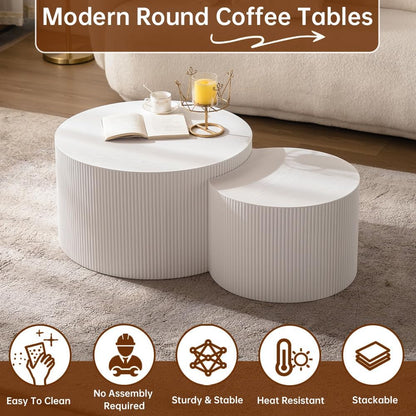 Round Nesting Coffee Table Set of 2 Modern Cream Fluted Coffee Table Small Round End Table Crescent