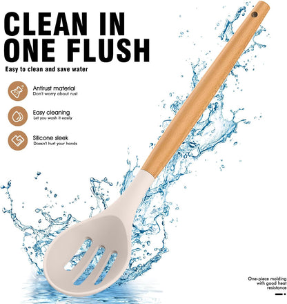 Silicone Cooking Utensils Set - Silicone Kitchen Utensils for Cooking Wooden Handles, 446°F Heat