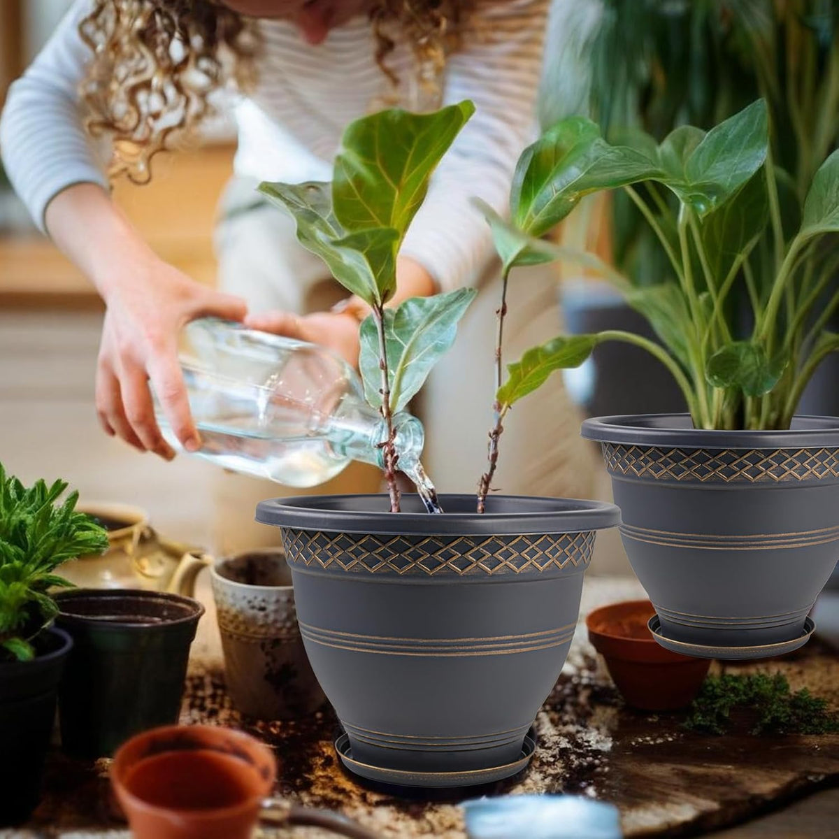 10 Inch 4 Pack Large Plant Pots, Plastic Flower Pot for Indoor & Outdoor with Drainage Holes &