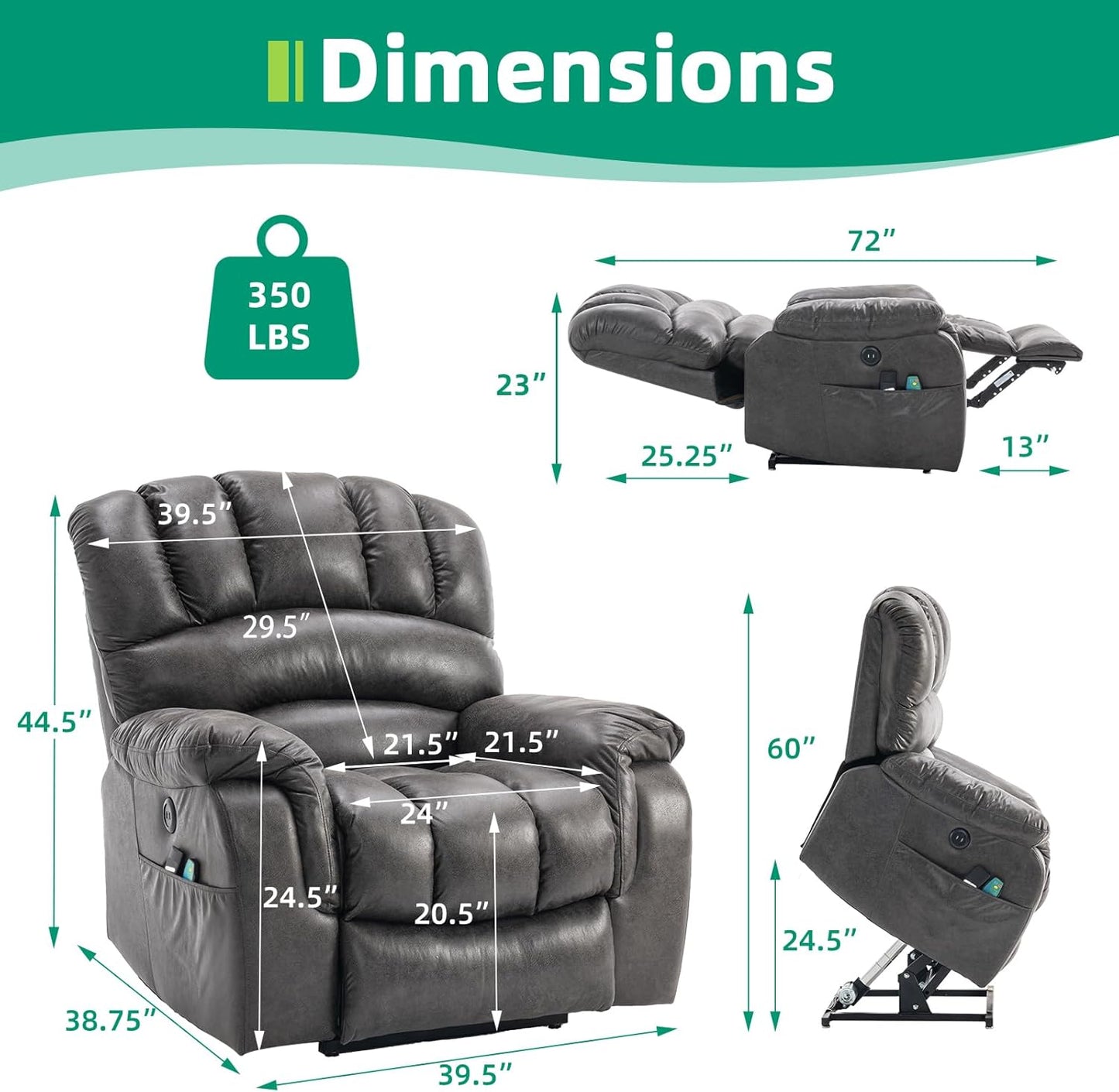 VIVIJASON Large Dual OKIN Motor Lay Flat Sleeper Lift Recliner Chair with Heat & Massage for