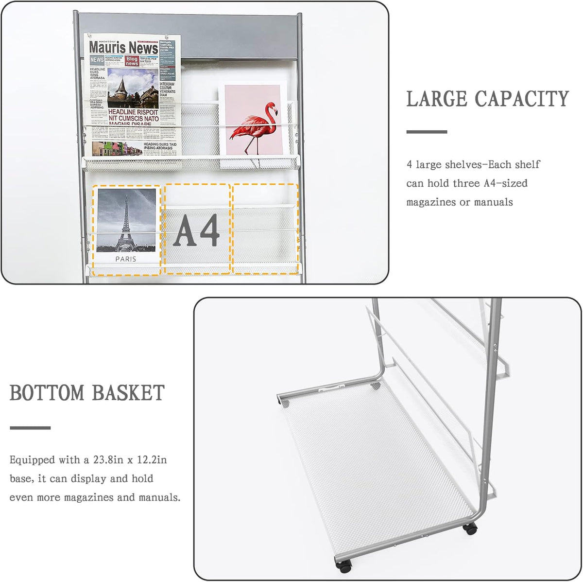 TONGMO Floor-Standing Magazine Rack 4-Layer with Wheels, Brochure Display Stand, High-hardness