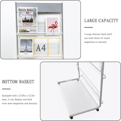 TONGMO Floor-Standing Magazine Rack 4-Layer with Wheels, Brochure Display Stand, High-hardness