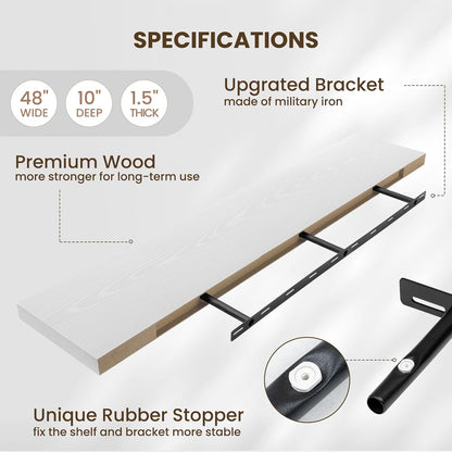 Fun Memories 10 Inch Deep Shelves, Floating Shelves for Wall 48 Inches Long, Wood Floating Shelves