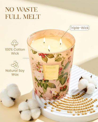 M&SENSE Extra Large Candle Strawberry Vanilla Scented, 3-Wick 35oz 150H Long Lasting, Natural Soy
