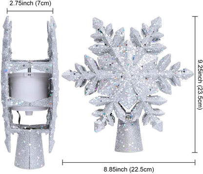 OurWarm Christmas Tree Topper Lighted with LED Rotating Silver Snowflake Decorations Projector