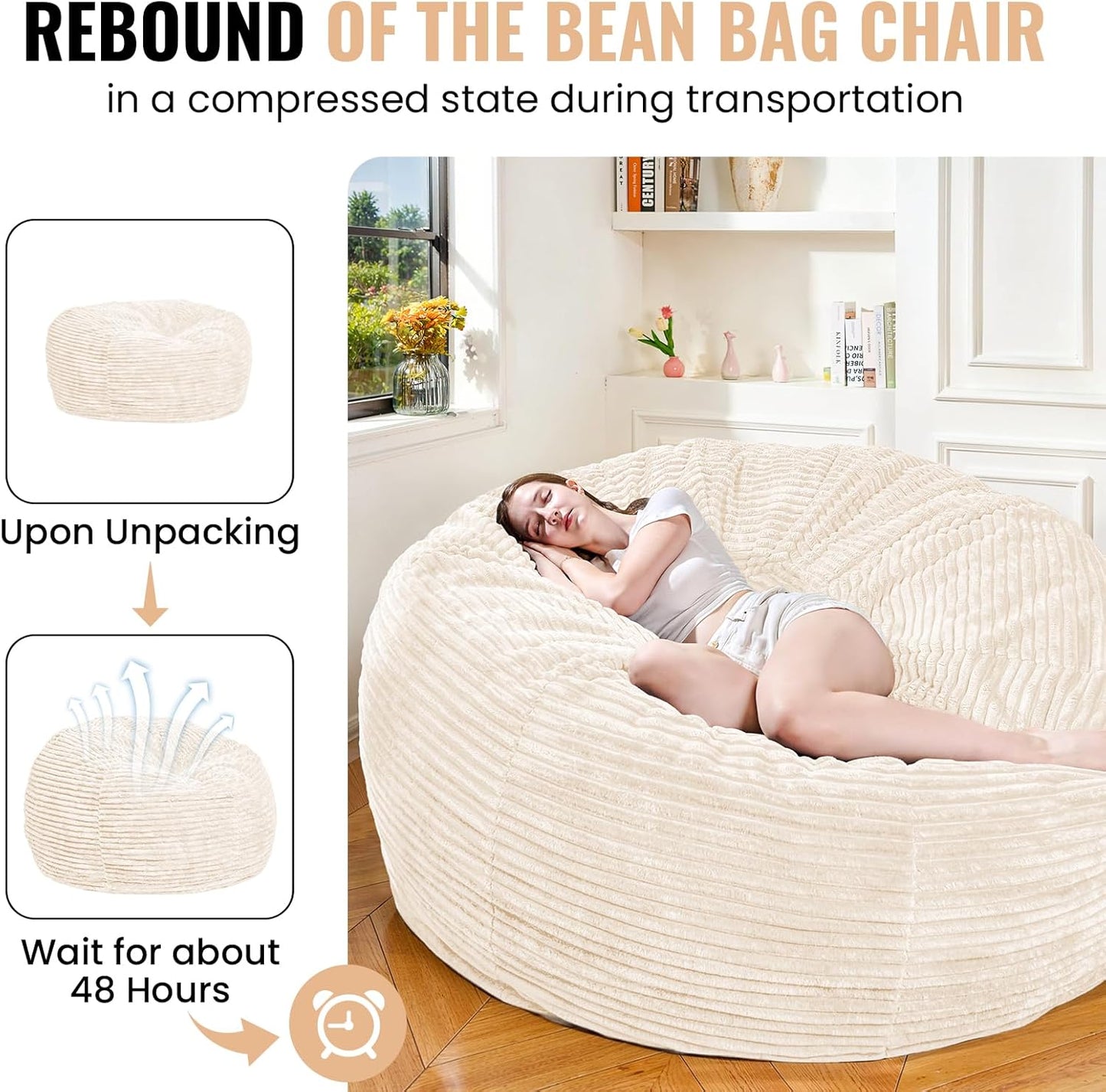 Large Bean Bag Chair, 5FT Giant Beanbag Chairs with Memory Foam Filled, Bean Bag Chairs for Adults