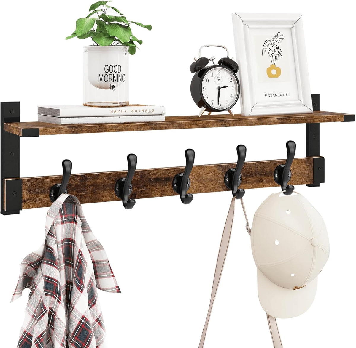 Homode Coat Rack Wall Mount, 29 Inch Long Shelf with Hooks, Wood Entryway Shelf with 5 Hangers for