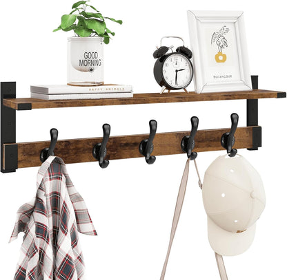 Homode Coat Rack Wall Mount, 29 Inch Long Shelf with Hooks, Wood Entryway Shelf with 5 Hangers for